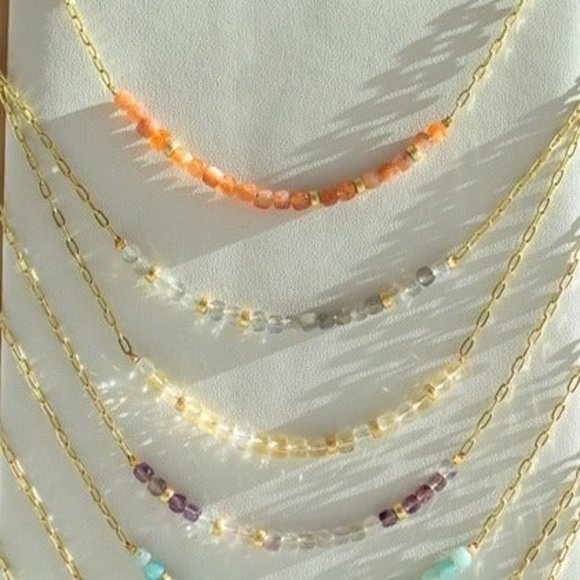 Beautiful Sunstone Gemstone Beaded Necklace Gold paperclip Chain WATERPROOF - Picture 4 of 12